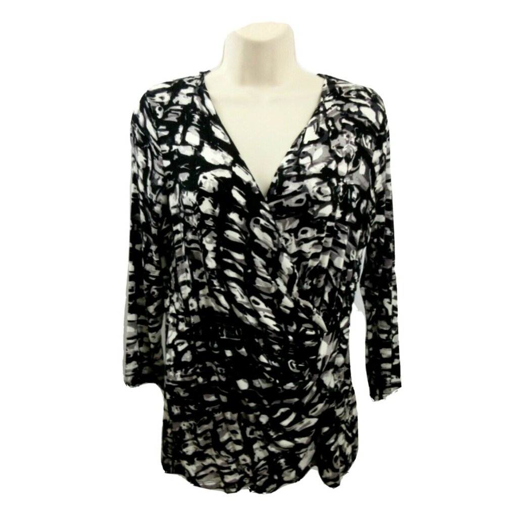 CALVIN KLEIN Faux Wrap Front Top Size M Black Print V-Neck 3/4 Sleeves Stretch - Picture 1 of 7